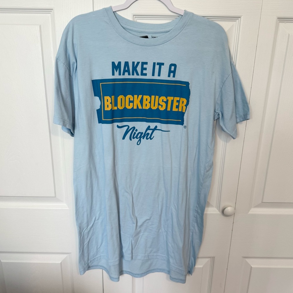 Vintage RARE 90’s Y2K Light Blue Blockbuster Graphic T-Shirt Dress SMALL